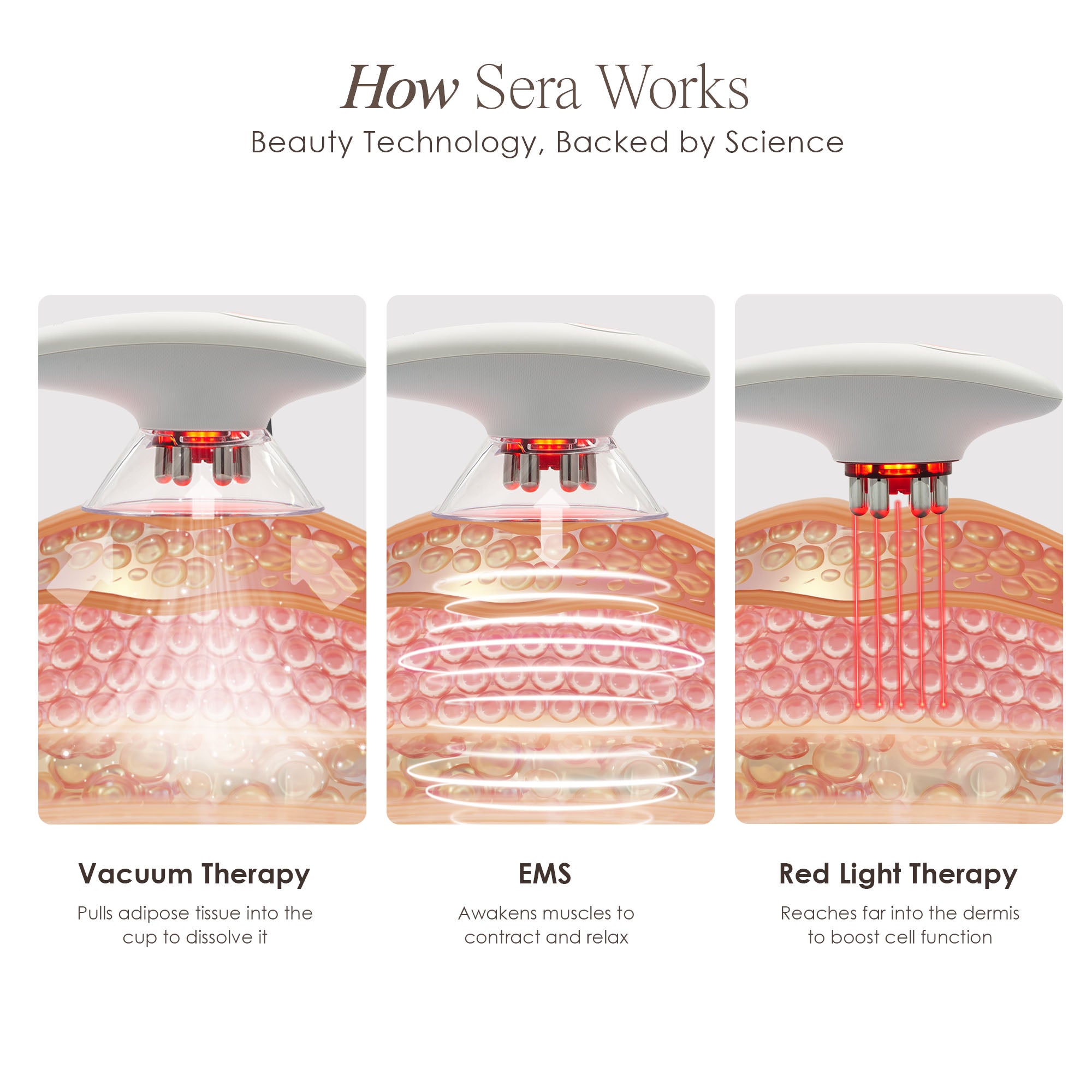 Sera vacuum body contour device showing skin infographic on what vacuum therapy, EMS, and red light therapy do to the skin