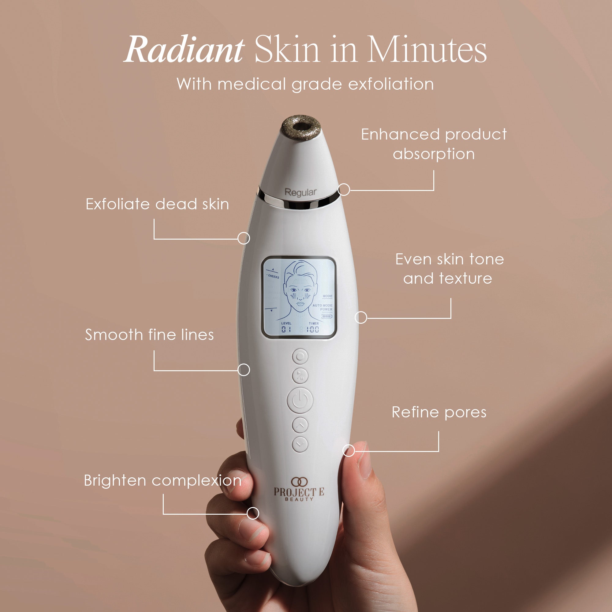 Reinvo microdermabrasion wand listing microdermabrasion facial benefits such as enhanced product absorption