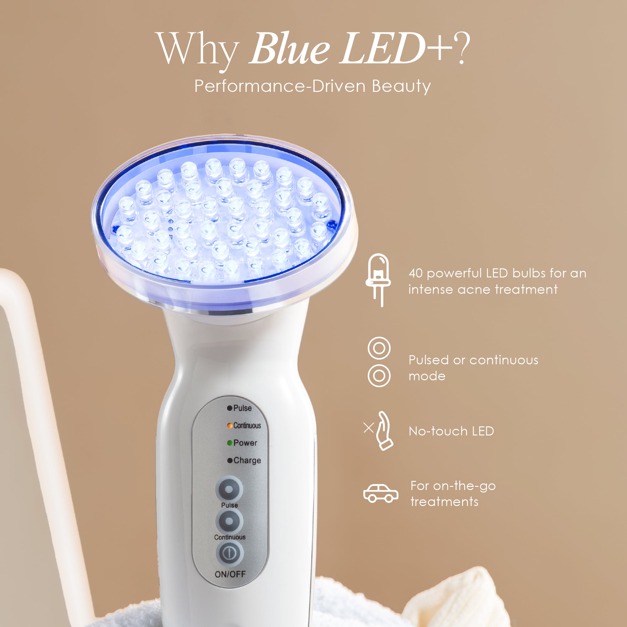 Blue LED+ anti-acne wand listing features such as pulsed or continuous mode